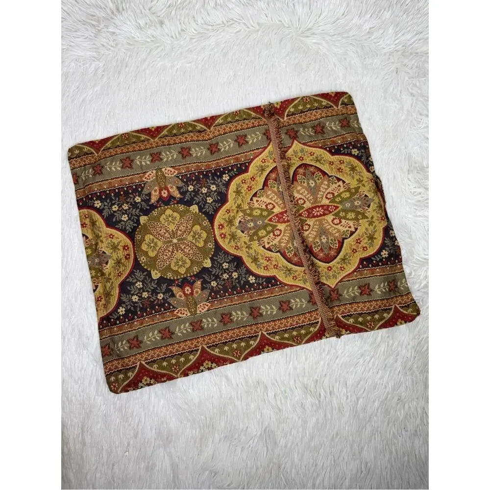 Vintage tan red boho cottagecore printed tapestry brocade handmade pillow cover